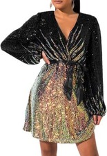 828 - Plus Size Long Sleeves V Neck Sequins Skater Style Cocktail Evening Dress