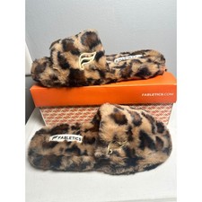 Fabletics Womens Leopard Faux Fur Slippers Slip On Slides Animal Print Size 8