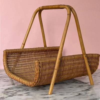 Mid‑Century Bamboo Rattan Magazine Rack • MCM Boho Wicker Holder • 1950s–60s - Image 1 of 4