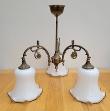 Vintage Ceiling Light Fitting 3 Arm Brass Milk Glass Bell Art Nouveau Style