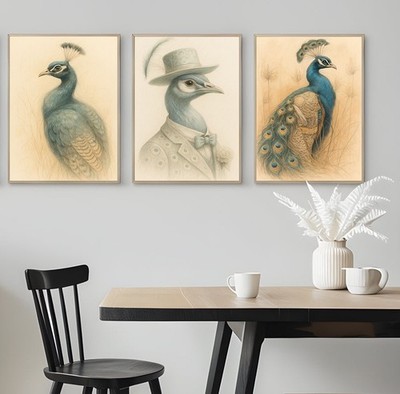 3er Set Pfau elegant gekleidet im Anzug Poster Home Pub Wandbild A3 A4 A5