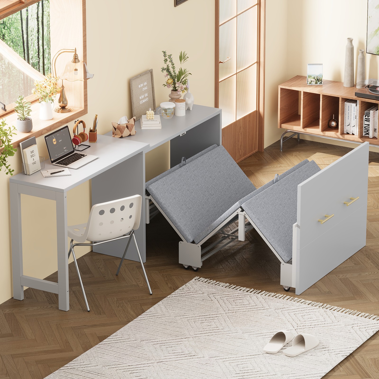 Twin Murphy Cabinet Bed w/ Desk Foldable Cushion Dresser for