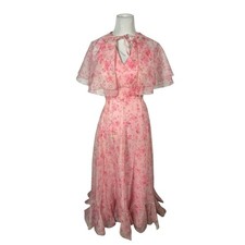 Vintage Ruffle with Cape Elegant Gown Pink Floral Empire Waist V-Neck Size 10