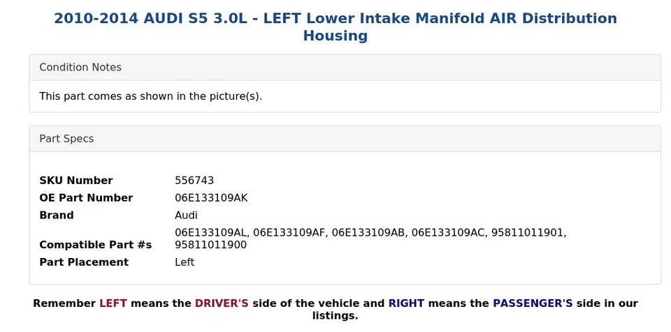 AUDI S5 2010-2014 3,0 L - Colector de admisión inferior izquierdo carcasa de distribución de aire Foto 4 de 4