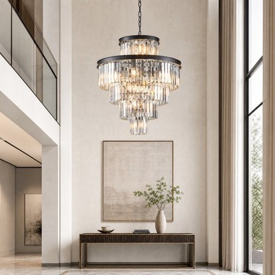 24'' Black Crystal Chandelier Modern 5-Tier LED Pendant 15 Light Kitchen Fixture