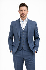Blue Check 3 Piece Suit Wool Jacket Waistcoat Trouser Wedding Groom Lightweight