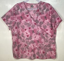 Pink Ribbon Scrub Top womens size L Large measured Butterfly Breast Cancer grey