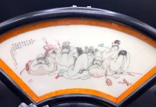 Antique Chinese famille-rose fan shaped plaque Eight Friends of Zhushan