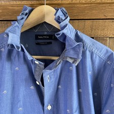 Upcycled Reworked Viral Nautica Ruffle collar Classic Buttonup USA Large