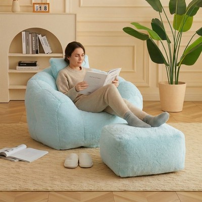 Faux Fur Bean Bag Chair with Ottoman and Pillow Modern Lounge Chair Sofa Blue