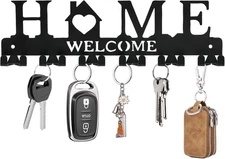 Adhesive Wall Key Holder - 12 Hooks 2 Ways Mount Black Metal Key Organizer