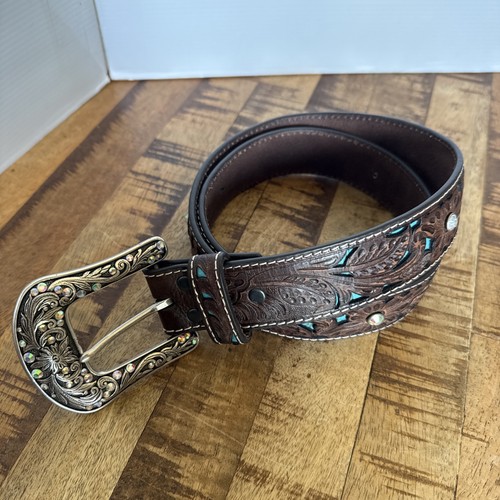 Ariat Belt Womens Medium Leather Floral Tooled Turquoise Inlay Rhinestones 38