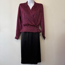 Vintage 2 Piece Liz Claiborne Petite Top Skirt Set 8 Pink Black Wrap Buttons