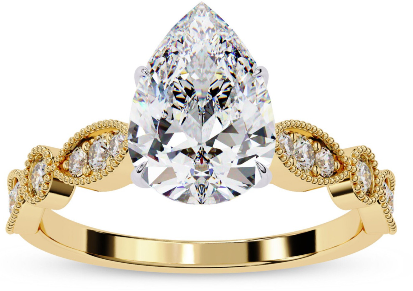 1.15 Ct Pear & Round Lab Grown Diamond Beaded Solitaire Engagement Ring 14K Gold