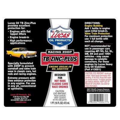 Lucas Oil 10063, TB Zinc-Plus Engine Break-In Oil Additive, 16 OZ