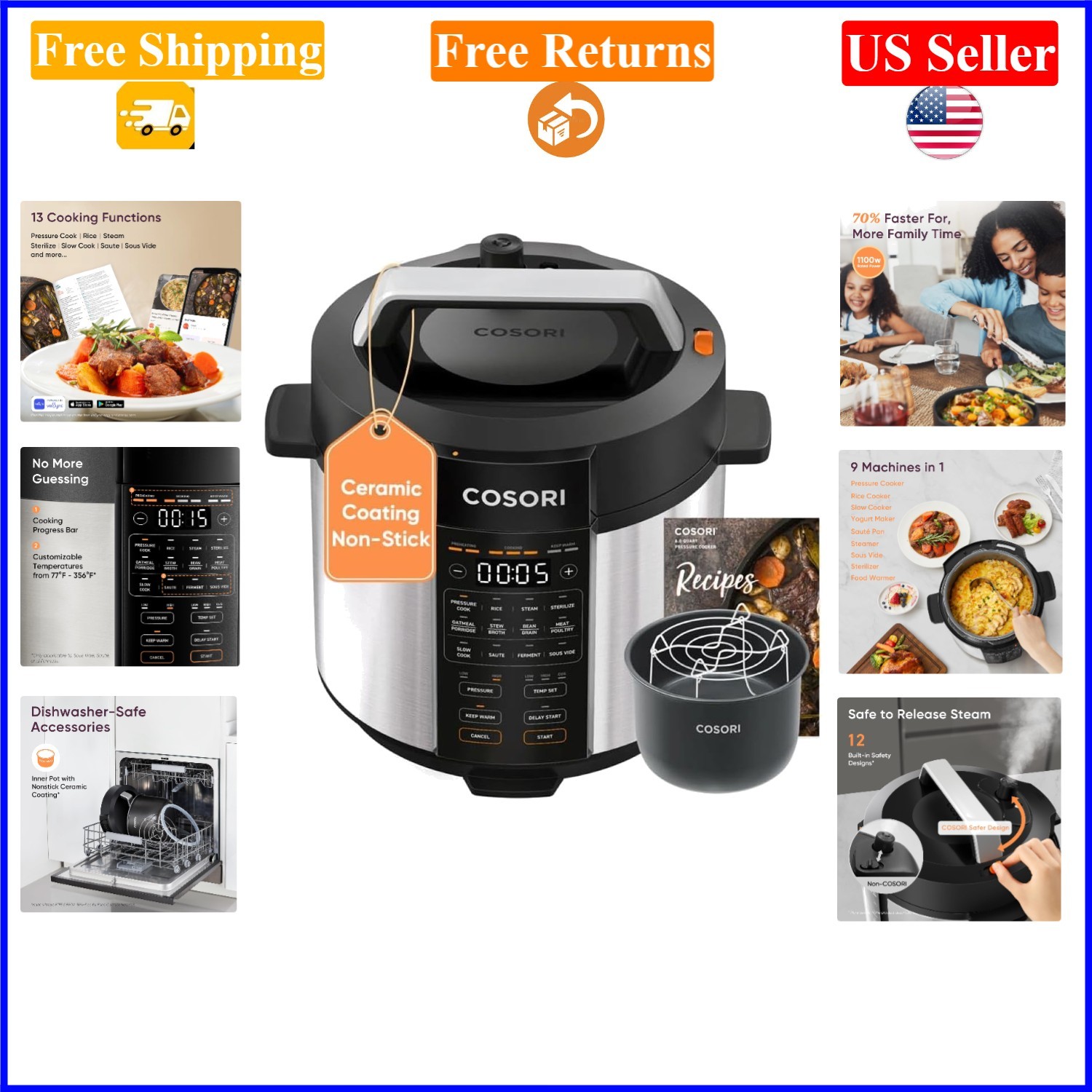 6QT 9-in-1 Multi-Functional Electric Pressure Cooker, Stainl