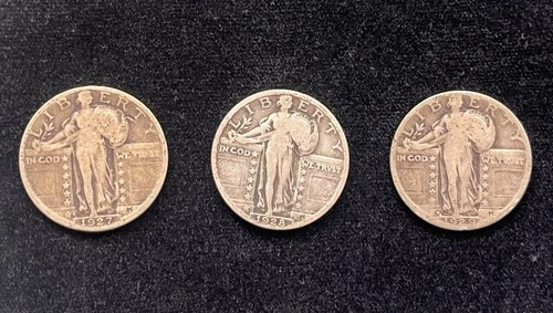 Lot Of 3 Standing Liberty Quarters 1927 S, 1928 No Mint Mark 1929 D