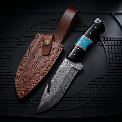 Custom Damascus Steel Gut Hook Skinner Hunting Knife Turquoise Handle + Sheath