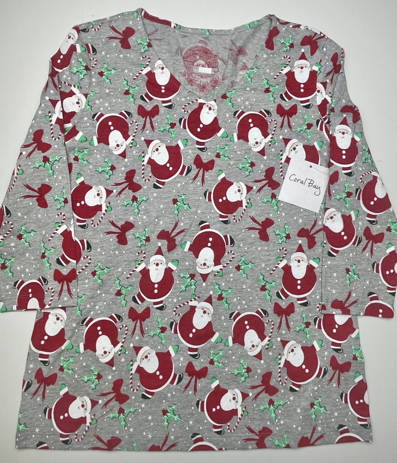 Women’s Coral Bay Christmas Santa Shirt PS PM PL S 1X 2X gray v-neck top $32