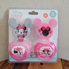 Disney Baby Minnie Mouse Ortho Pacifiers w/ Holders Binkys Soothers Pink 4 PC