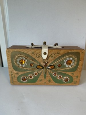 Vintage Enid Collins Texas Box Bag Butterfly, Wooden, Brown, 1966