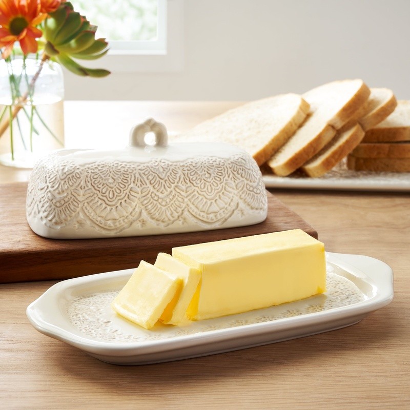 Vintage Lace Butter Dish Ceramic W/ Lid Microwave Dishwasher Safe Entertaining