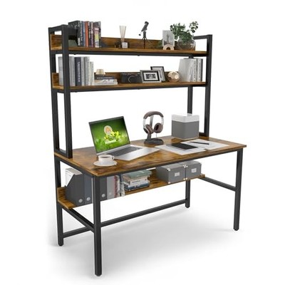  Computer Desk with Hutch, 47 W x 23.6'' D Desk with Shelves, Tall 47inch Brown