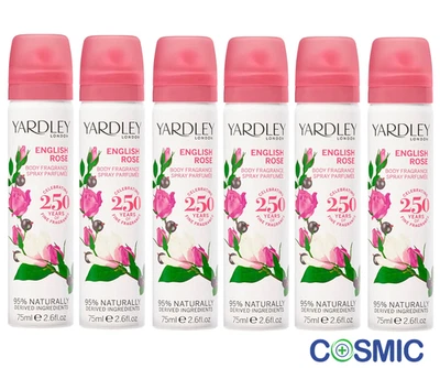6 X Yardley ENGLISH ROSE Body Spray Fragrance 75ml