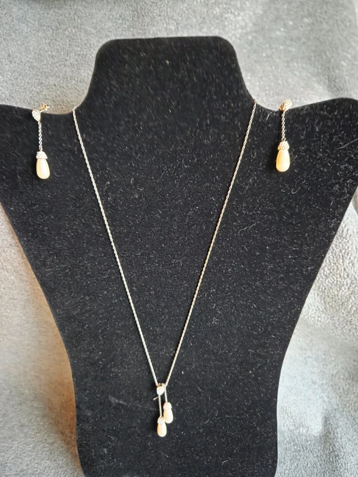 Collar y Pendientes Doble Lágrima Cristal Blanco Plata 925 y Perlas Foto 3 de 4