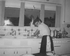 1961 Woman Housewife Washing Dishes Retro Kitchen Star Tile Pattern Mid Century 