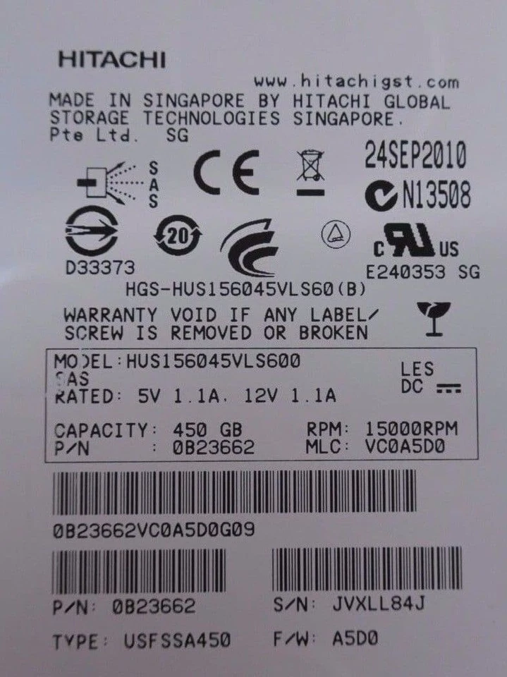 Nexsan Hitachi GST HUS156045VLS600 3.5" 450GB 15K SAS 6Gb/s Hard Drive 0B23662 - Image 2 of 4