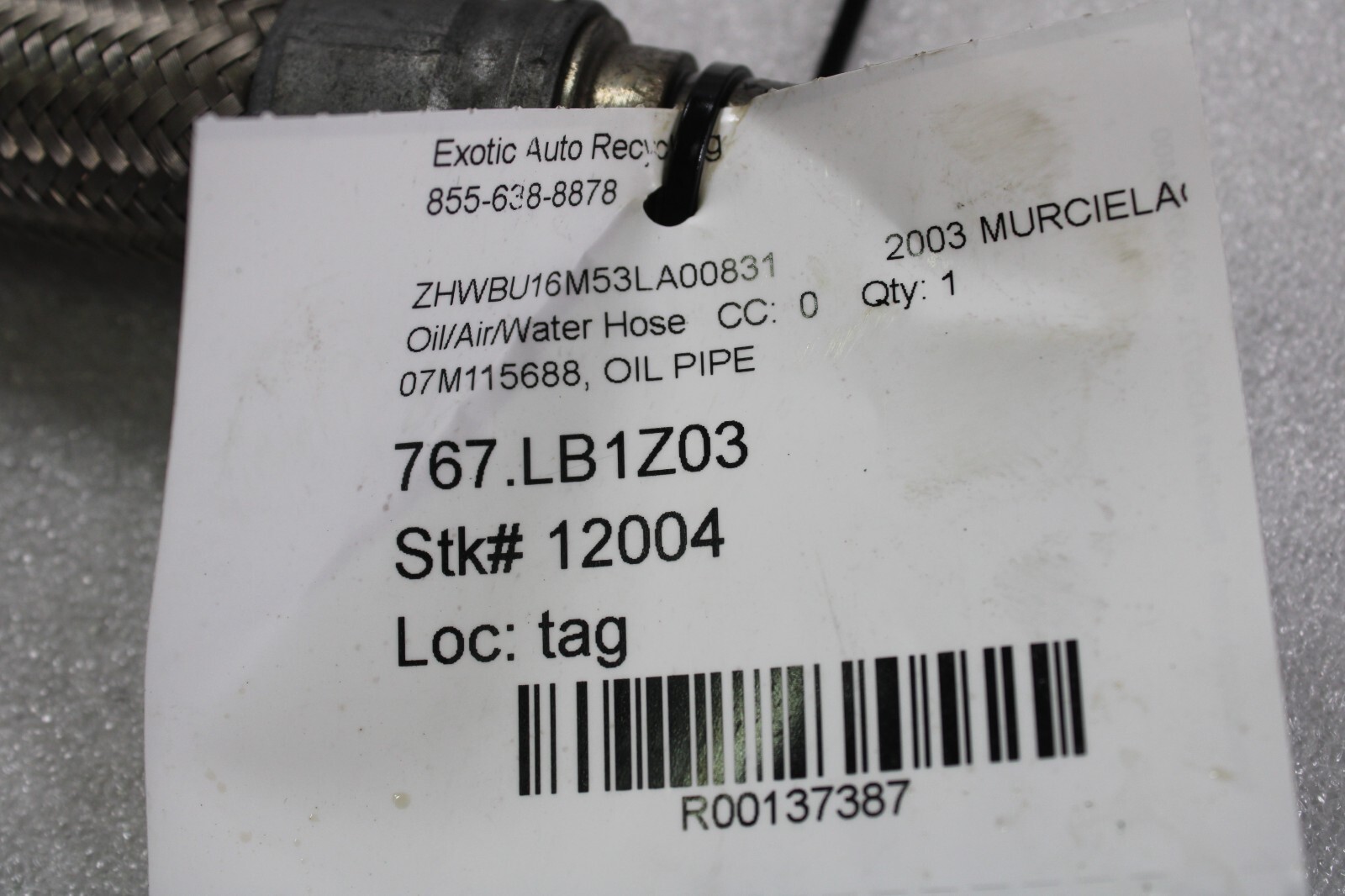 Lamborghini Murcielago, Coupe, Lower Oil Tank Line, Used, P/N 07M115688