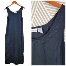 Vintage Embroidered Overall Dress Small Long Maxi Modest floral Black Sheath