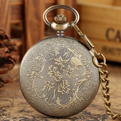 Women Men Bronze Roman Numerals Half Hunter Cover Quartz Pocket Watch Fob Chain - Picture 7 of 9