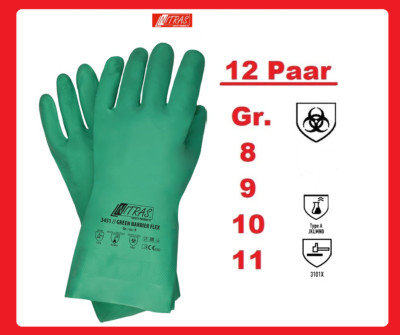 12 Paar Chemikalienschutzhandschuhe Green Barrier Flex EN 388 PSA-Kategorie III 