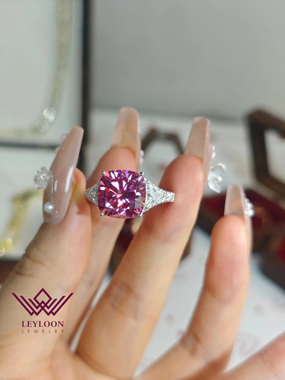 6 Carat Cushion Cut Pink Color Moissanite 10K White Gold 11*11mm Ring