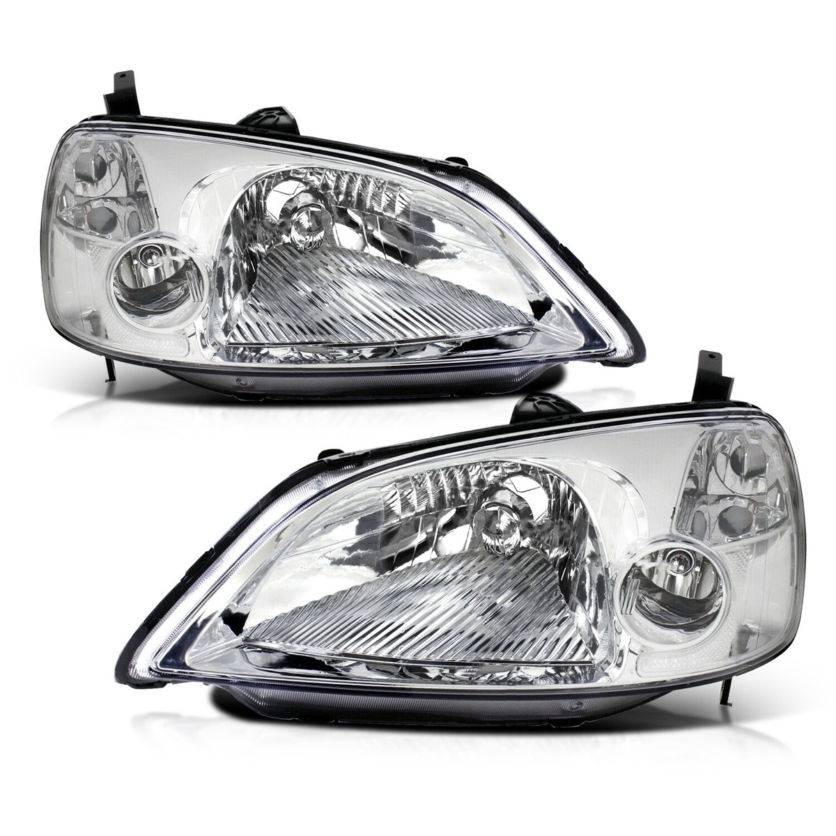 DEPO Black Housing Chrome Headlight Assembly Pair For 2001-2003 Honda Civic 4D JDM Style