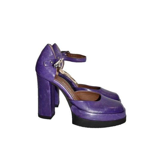 $350 A.S. 98 Vion Platform Pump SQUARE PURPLE LEATHER STRAPPY CHUNKY 38 (DB31)