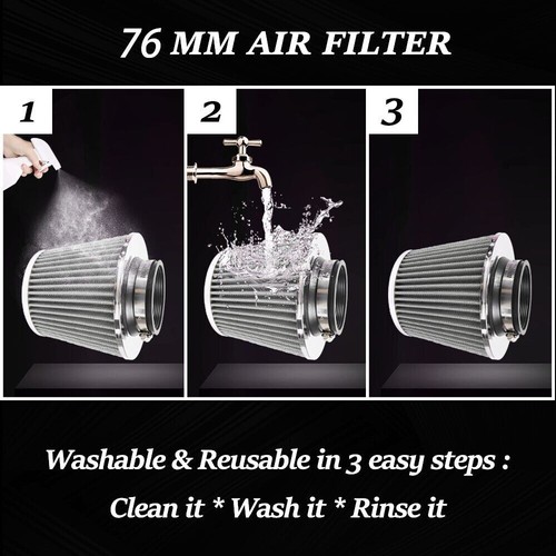 3" 76mm High Flow Inlet Cold Air Intake Cone Replacement Dry Air Filter Silver - Foto 8 di 13