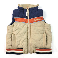 Timberland Youth Puffer Vest Size 12M Blue/Orange/Beige Pockets Zip Quilted Logo