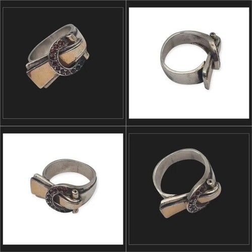 Art Deco Silver and Gold View Buckle Ring with Red Crystals, 1940. - Picture 3 of 10