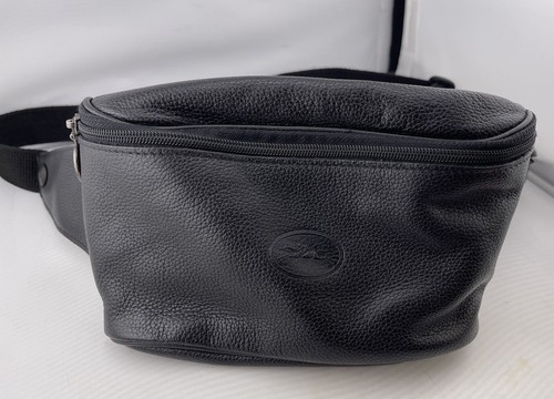 RARE Longchamp Le Foulonne Waist Belt Bag Fannypack Black Pebbled Leather Unisex
