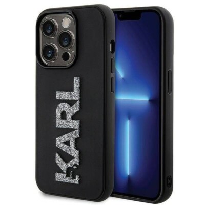 Original Karl Lagerfeld 3D Rubber Glitter Logo Impact Case für iPhone 15 Pro Max