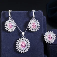 CZ Round Flower Pendant Necklace Earrings Ring Silver Plated Pink Jewelry Set