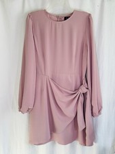 Lulus Faux Wrap Long Sleeve Tie Front Skater Rose Pink Dress Size Lg
