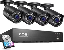 ZOSI 5MP 8CH 2TB NVR PoE Security Bullet IP Camera System 24/7 recycle recording