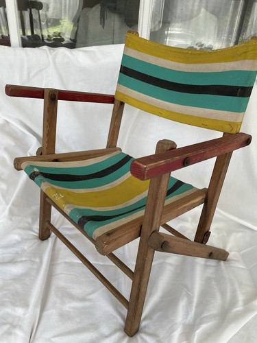VTG Antique RARE 1950s MCM striped canvas child’s beach porch lounge wood chair - Picture 2 of 24