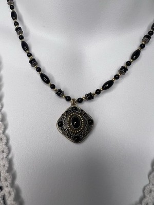 Michal Golan Black Beaded Necklace Square Pendant Gold Accents Signed Oval Stone