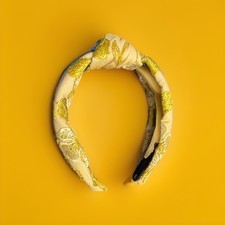 Lele Sadoughi Embroidered Knotted Headband Floral Metallic Lime Green Cream