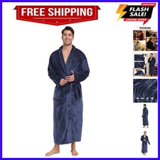 Mens Fleece Robe Soft Plush Collar Shawl Bathrobe Lightweight Long Bath Showe...